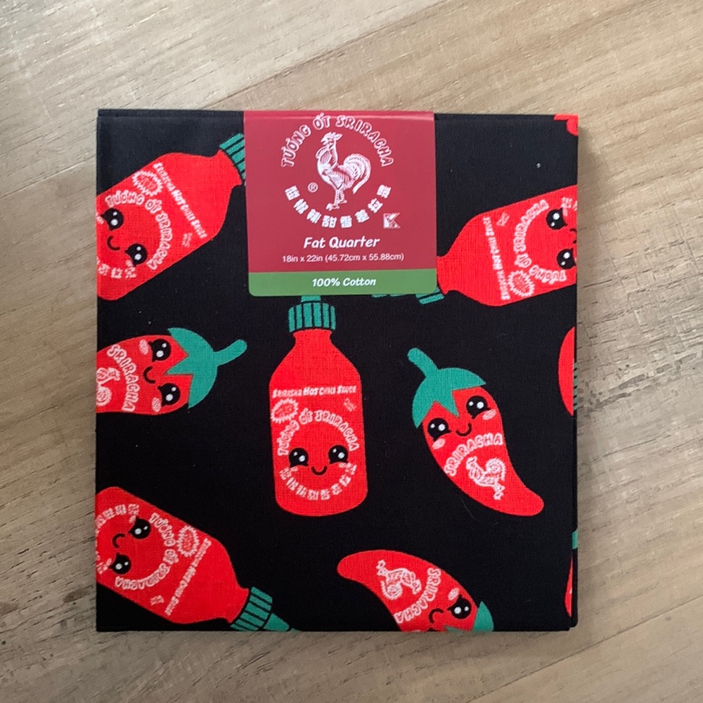 Fat‎ Quarter Sriracha Chili Sauce Fabric 18" x 22".  Black Cotton. Mad Engine.